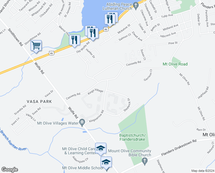 map of restaurants, bars, coffee shops, grocery stores, and more near 29 Cassedy Road in Mount Olive