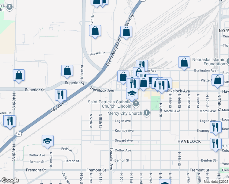 map of restaurants, bars, coffee shops, grocery stores, and more near 5935 Havelock Avenue in Lincoln