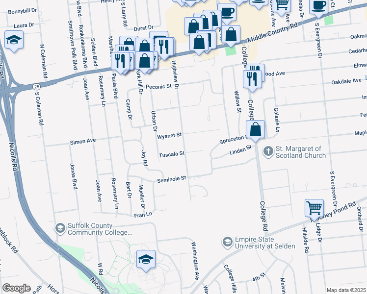 map of restaurants, bars, coffee shops, grocery stores, and more near 84 Highview Drive in Selden