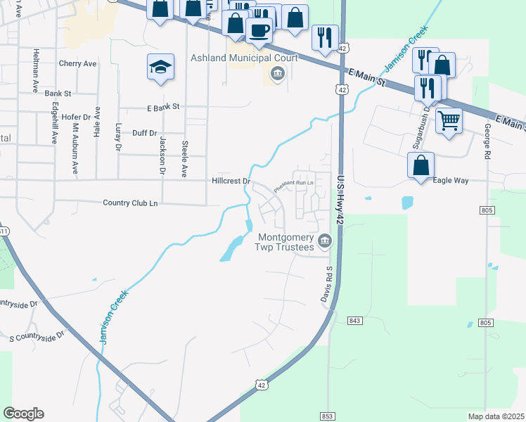 map of restaurants, bars, coffee shops, grocery stores, and more near 1242 Colonial Drive in Ashland