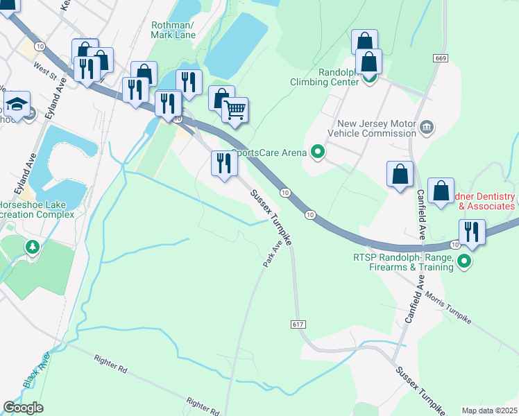 map of restaurants, bars, coffee shops, grocery stores, and more near 1556 Sussex Turnpike in Randolph