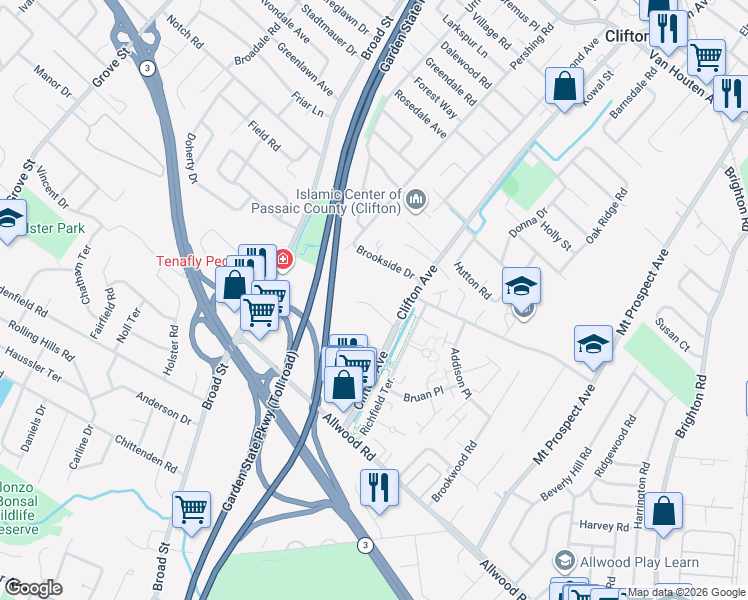 map of restaurants, bars, coffee shops, grocery stores, and more near 32 Joan Place in Clifton