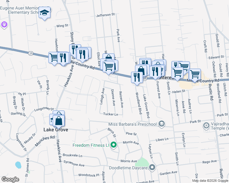 map of restaurants, bars, coffee shops, grocery stores, and more near 19 Dianne Avenue in Centereach
