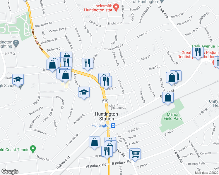 map of restaurants, bars, coffee shops, grocery stores, and more near 23 Henry Street in Huntington Station
