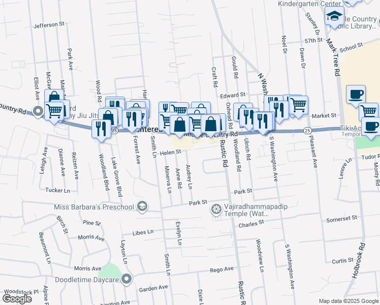 map of restaurants, bars, coffee shops, grocery stores, and more near 11 Helen Street in Centereach