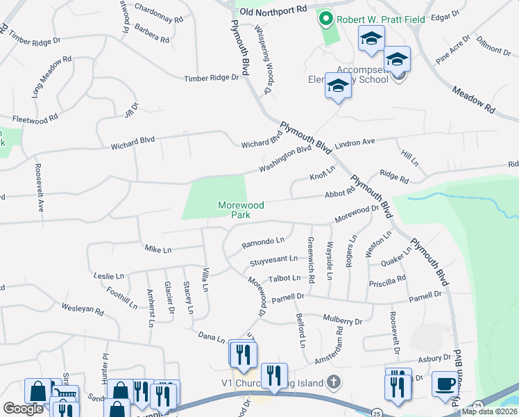 map of restaurants, bars, coffee shops, grocery stores, and more near 48 Abbot Road in Smithtown