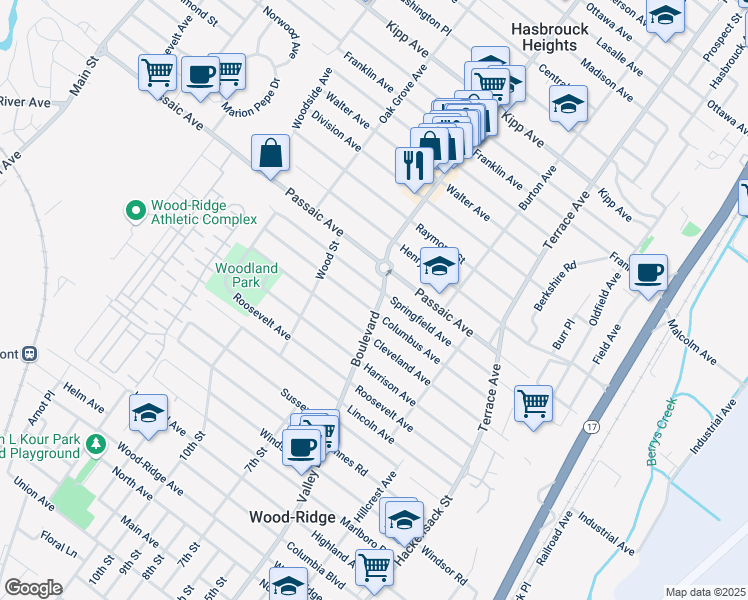 map of restaurants, bars, coffee shops, grocery stores, and more near 79 Boulevard in Hasbrouck Heights