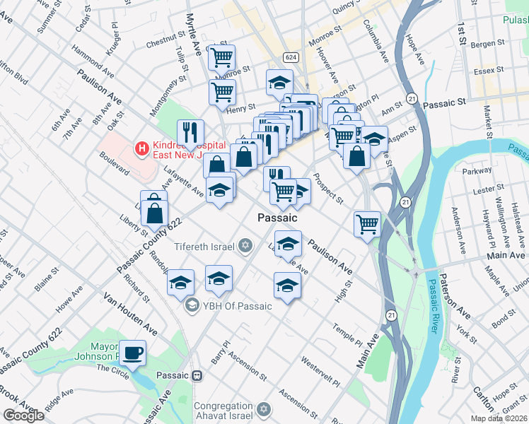 map of restaurants, bars, coffee shops, grocery stores, and more near 227 Paulison Avenue in Passaic