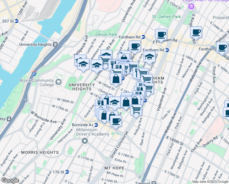 map of restaurants, bars, coffee shops, grocery stores, and more near 2195 Jerome Avenue in The Bronx
