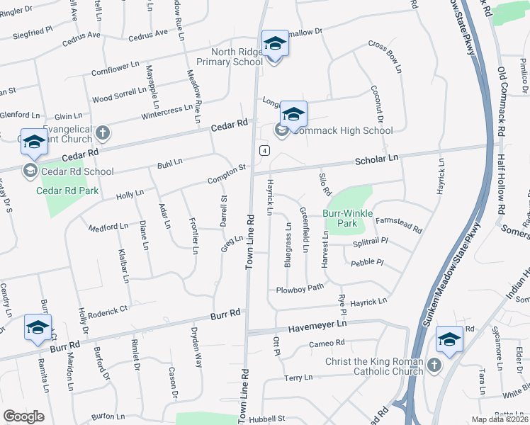 map of restaurants, bars, coffee shops, grocery stores, and more near 15 Hayrick Lane in Commack