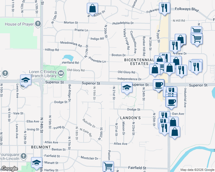 map of restaurants, bars, coffee shops, grocery stores, and more near 2000 Bilmar Circle in Lincoln