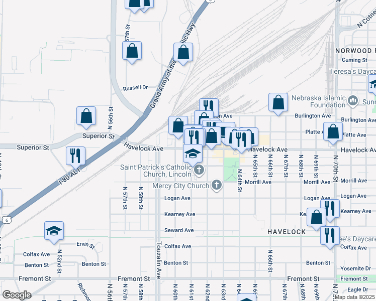 map of restaurants, bars, coffee shops, grocery stores, and more near 6037 Havelock Avenue in Lincoln