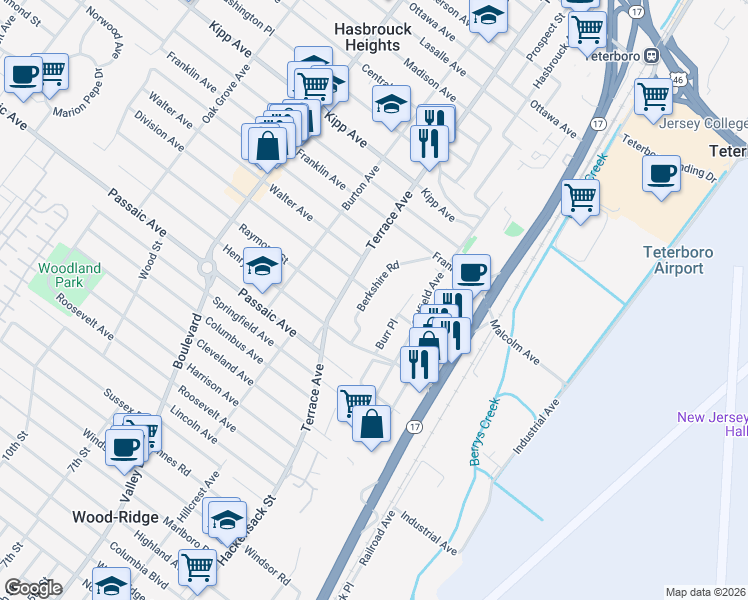 map of restaurants, bars, coffee shops, grocery stores, and more near 168 Berkshire Road in Hasbrouck Heights