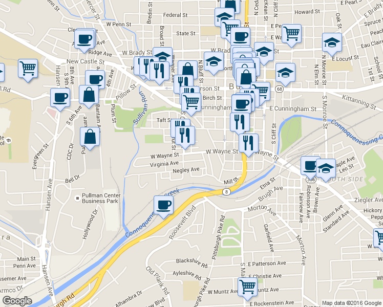 map of restaurants, bars, coffee shops, grocery stores, and more near West Wayne Street in Butler