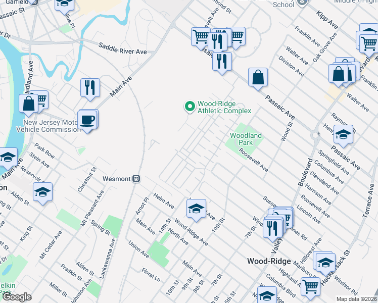 map of restaurants, bars, coffee shops, grocery stores, and more near 130 Wesmont Drive in Wood-Ridge
