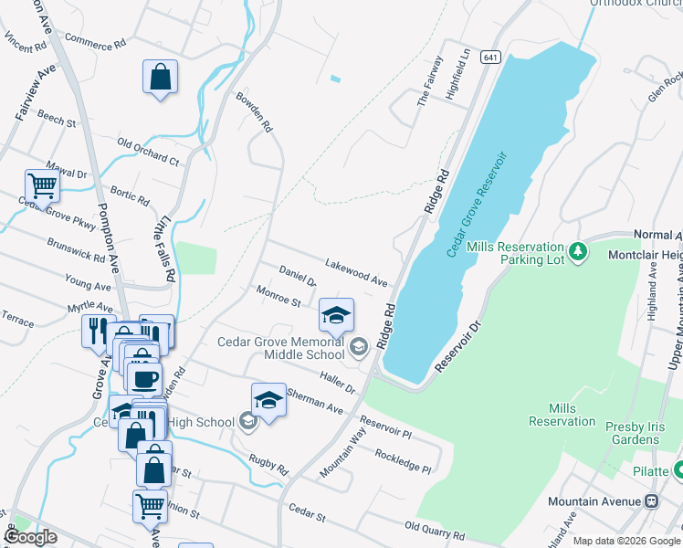 map of restaurants, bars, coffee shops, grocery stores, and more near 85 Lakewood Avenue in Cedar Grove
