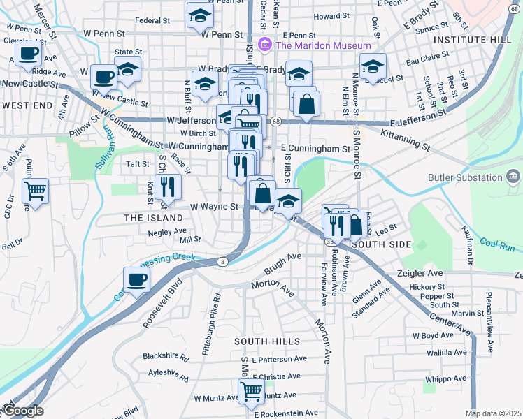 map of restaurants, bars, coffee shops, grocery stores, and more near 119 East Wayne Street in Butler
