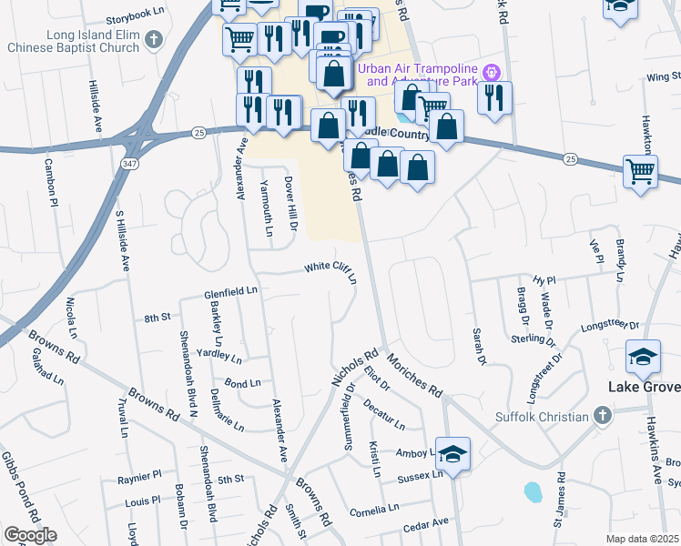 map of restaurants, bars, coffee shops, grocery stores, and more near 28 White Cliff Ln in Nesconset