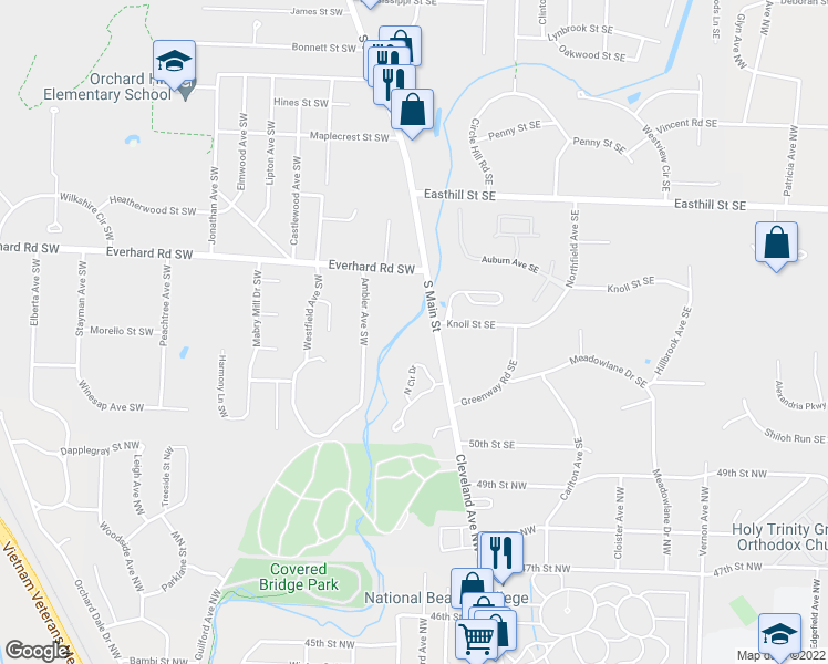 map of restaurants, bars, coffee shops, grocery stores, and more near 1603 South Main Street in North Canton