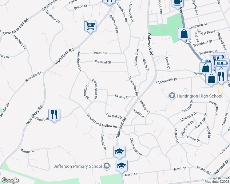 map of restaurants, bars, coffee shops, grocery stores, and more near 16 Skyline Drive in Huntington