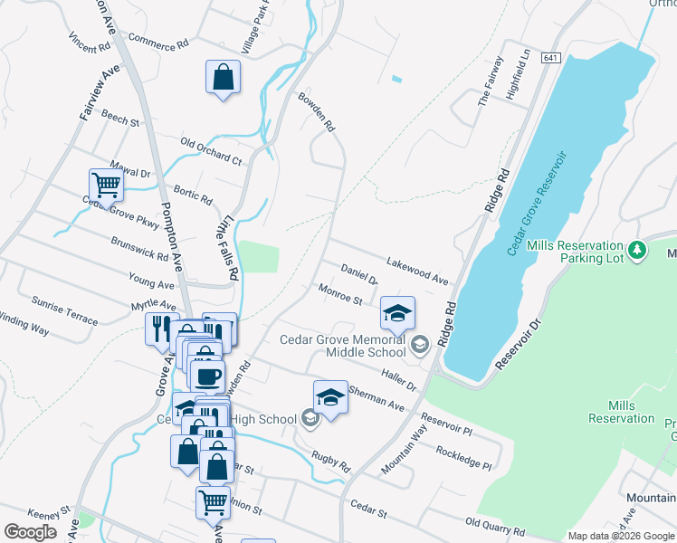 map of restaurants, bars, coffee shops, grocery stores, and more near 11 Daniel Drive in Cedar Grove