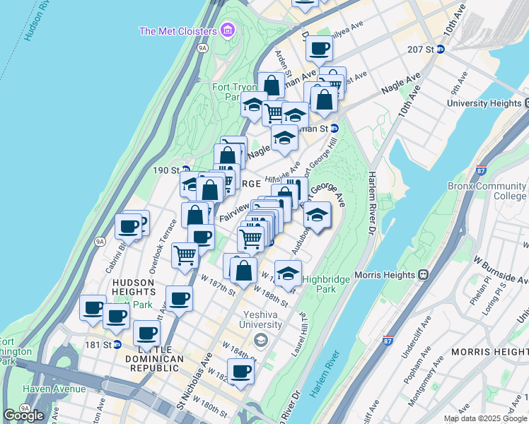 map of restaurants, bars, coffee shops, grocery stores, and more near 382 Wadsworth Avenue in New York