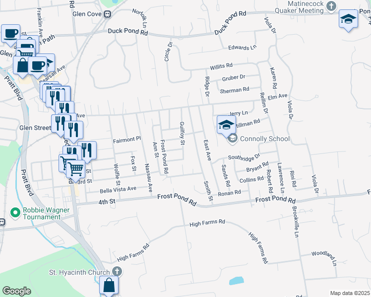 map of restaurants, bars, coffee shops, grocery stores, and more near 31 Guilfoy Street in Glen Cove