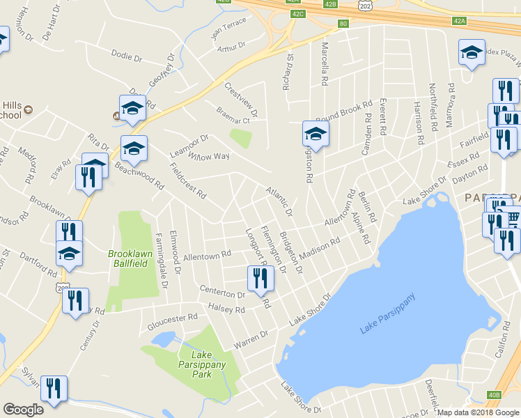 map of restaurants, bars, coffee shops, grocery stores, and more near 176 Flemington Drive in Parsippany-Troy Hills