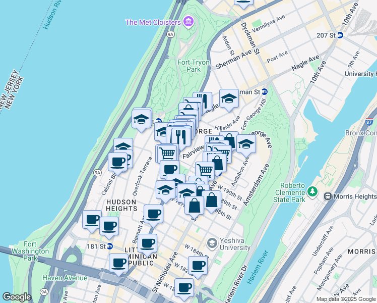 map of restaurants, bars, coffee shops, grocery stores, and more near 75 Fairview Avenue in New York