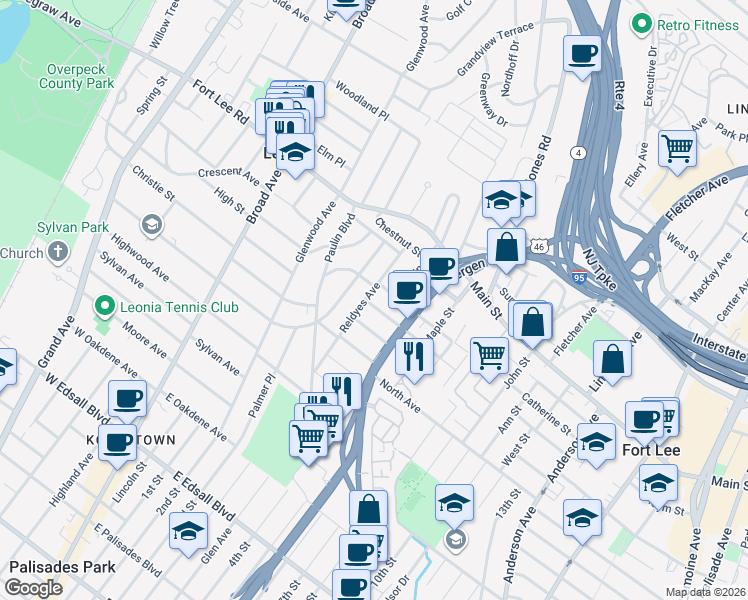map of restaurants, bars, coffee shops, grocery stores, and more near 149 Reldyes Avenue in Leonia