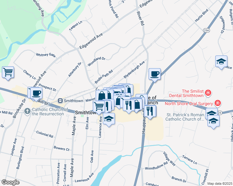 map of restaurants, bars, coffee shops, grocery stores, and more near 34 Gazebo Lane in Smithtown