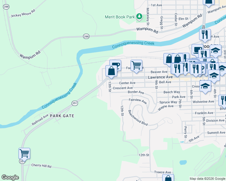 map of restaurants, bars, coffee shops, grocery stores, and more near 1211 Crescent Avenue in Ellwood City