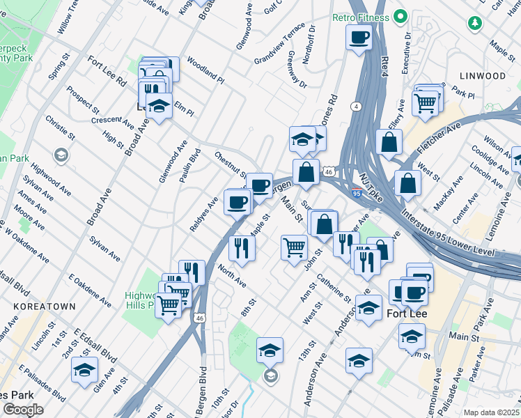 map of restaurants, bars, coffee shops, grocery stores, and more near 1666 Bergen Boulevard in Fort Lee