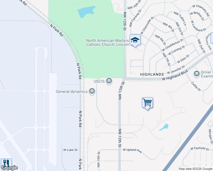 map of restaurants, bars, coffee shops, grocery stores, and more near 1301 West Highland Boulevard in Lincoln