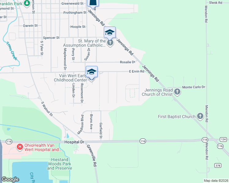 map of restaurants, bars, coffee shops, grocery stores, and more near 1057 Indian Hill Drive in Van Wert