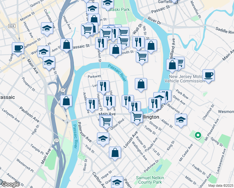 map of restaurants, bars, coffee shops, grocery stores, and more near 117 Mercer Street in Wallington