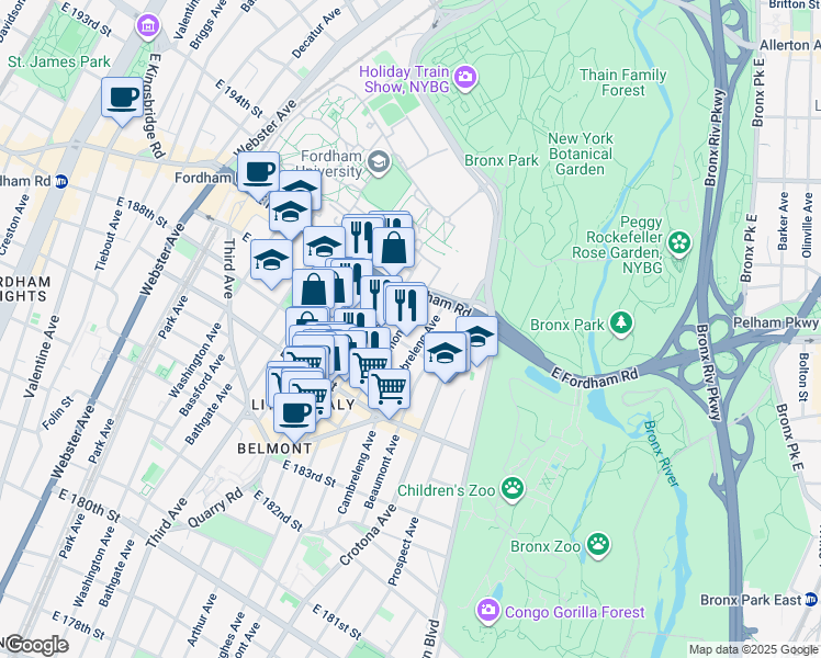 map of restaurants, bars, coffee shops, grocery stores, and more near 2496 Belmont Avenue in Bronx