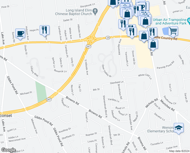map of restaurants, bars, coffee shops, grocery stores, and more near 125 South Hillside Avenue in Nesconset