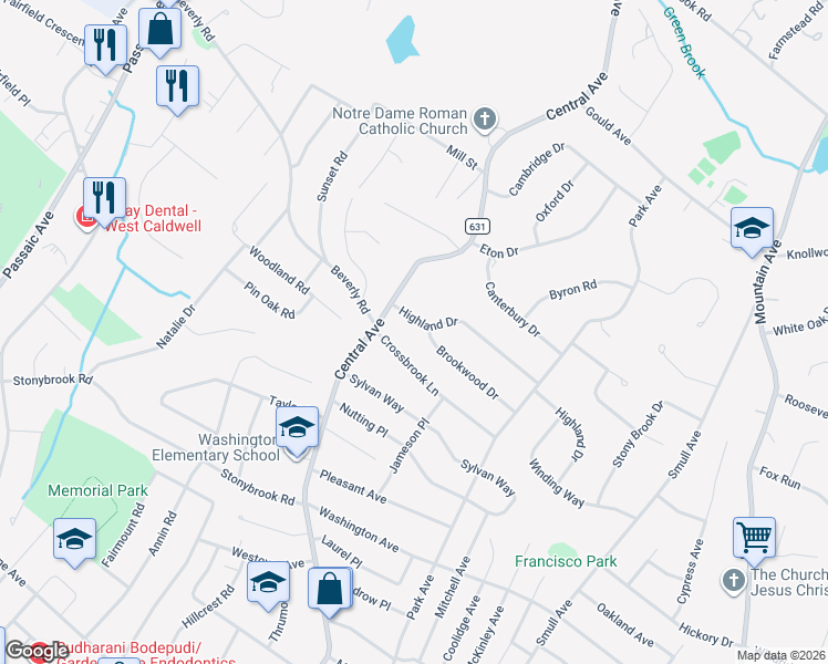 map of restaurants, bars, coffee shops, grocery stores, and more near 43 Highland Drive in West Caldwell