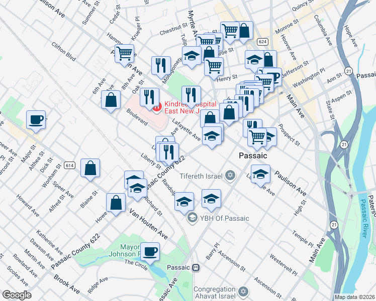 map of restaurants, bars, coffee shops, grocery stores, and more near 236 Broadway in Passaic