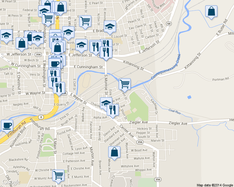 map of restaurants, bars, coffee shops, grocery stores, and more near 220 McClain Avenue in Butler