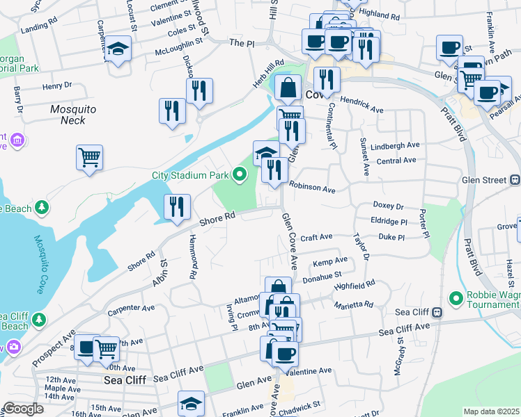 map of restaurants, bars, coffee shops, grocery stores, and more near 1 Shore Road in Glen Cove