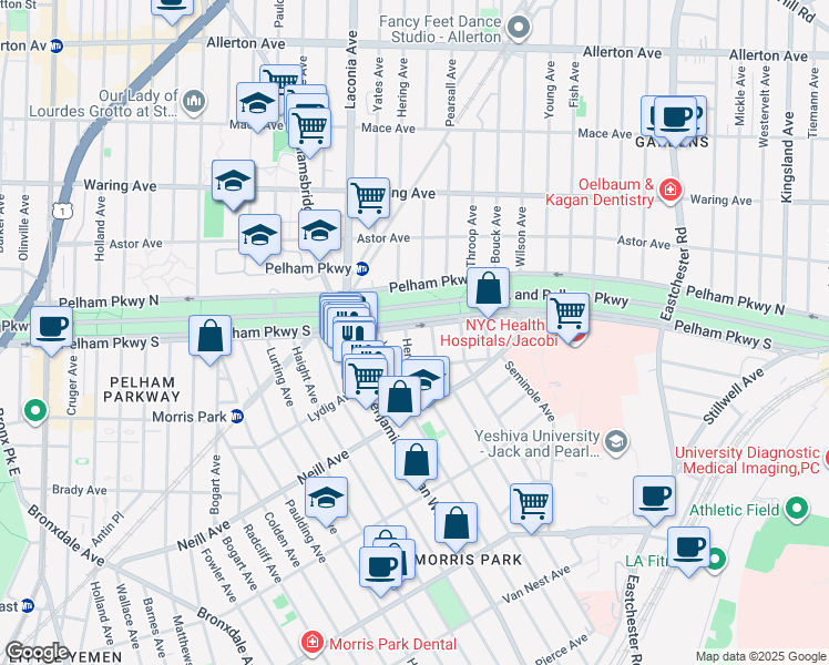 map of restaurants, bars, coffee shops, grocery stores, and more near 1176 Pelham Parkway South in Bronx