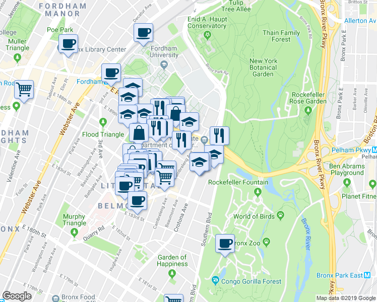 map of restaurants, bars, coffee shops, grocery stores, and more near 2496 Belmont Avenue in Bronx