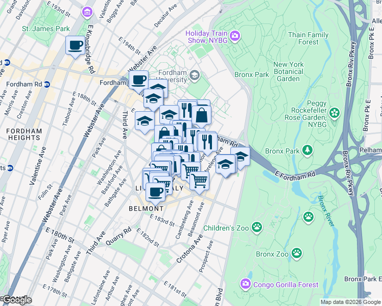 map of restaurants, bars, coffee shops, grocery stores, and more near 2471 Hughes Avenue in The Bronx
