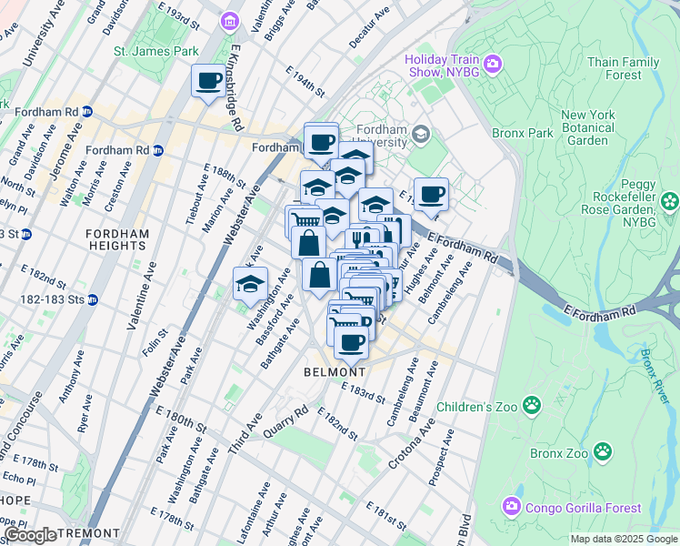 map of restaurants, bars, coffee shops, grocery stores, and more near in The Bronx