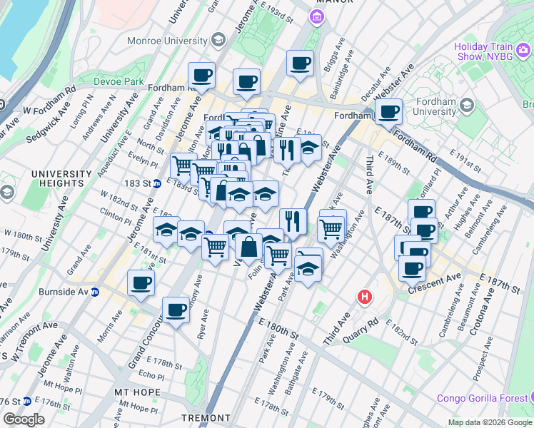 map of restaurants, bars, coffee shops, grocery stores, and more near in The Bronx