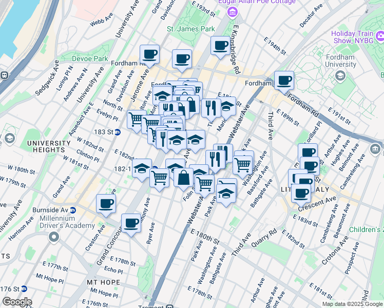 map of restaurants, bars, coffee shops, grocery stores, and more near in The Bronx