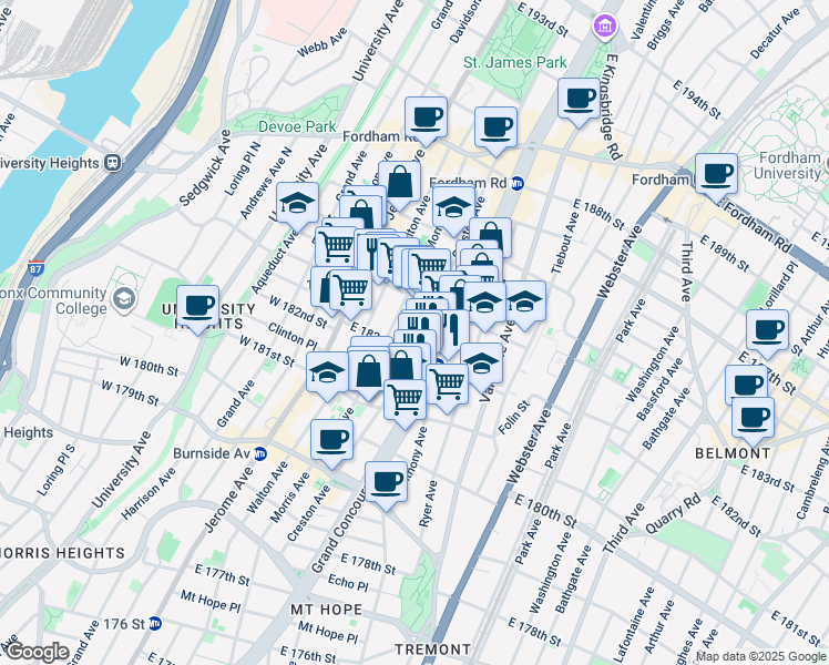 map of restaurants, bars, coffee shops, grocery stores, and more near 2244 Morris Avenue in Bronx