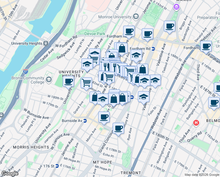 map of restaurants, bars, coffee shops, grocery stores, and more near in The Bronx